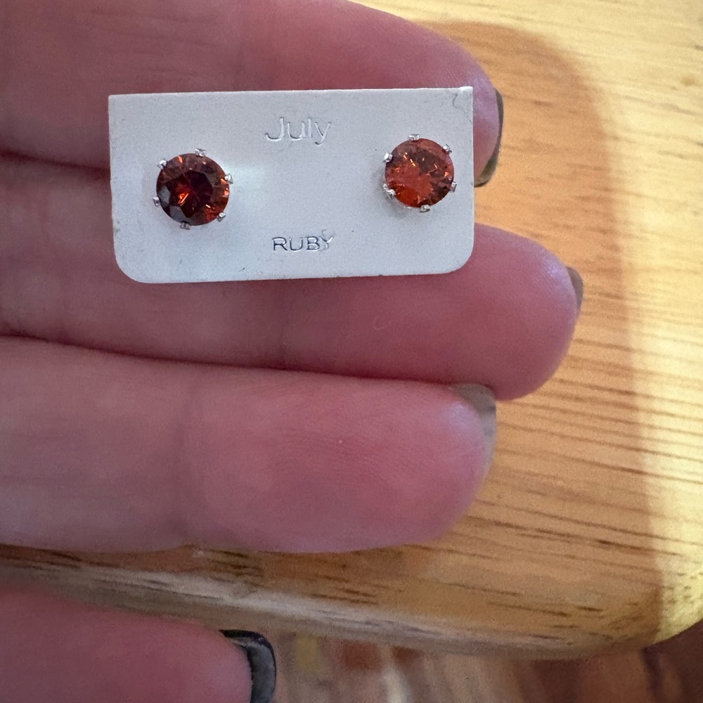 Ruby Colored Stud Earrings In Gold Setting - image 1